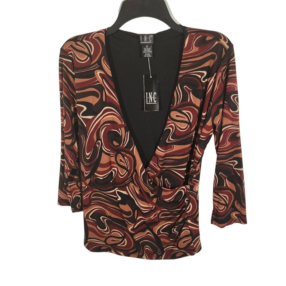 NWT I.N.C. Brown Black Rust Sexy Low V Neck Pull Over Blouse With Black Lining